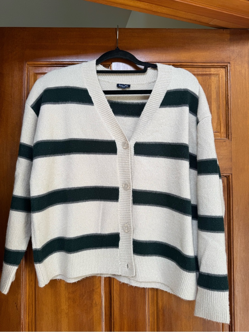 Splendid Cream & Dark Green Striped V-Neck Button Cardigan